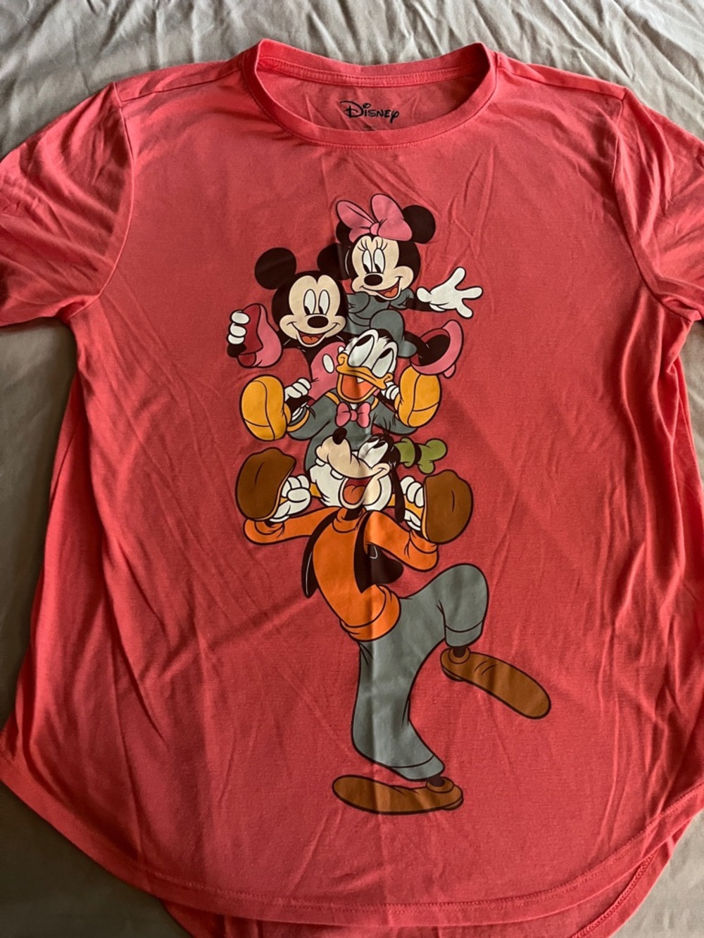 Disney Coral Short-Sleeve Tee with Stacked Mickey, Minnie, Donald & Goofy